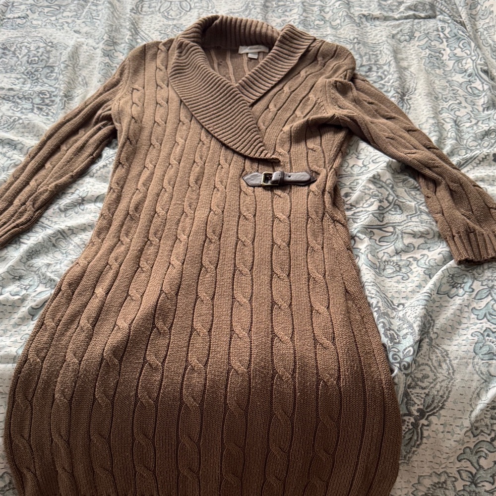 dressbarn Taupe Cable Knit Sweater Dress